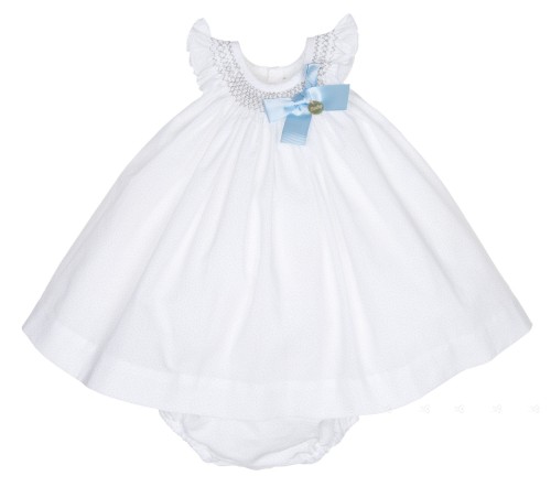 Baby White & Gray Polka Dot 2 Piece Smocked Dress Set 