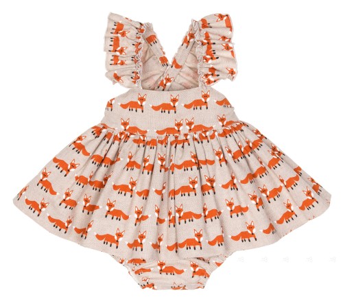 Girls Beige & Rust Fox Print Dress Set 