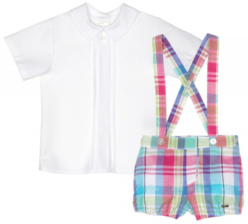 Baby Boys White Shirt & Fuchsia Checked Shorts with Braces