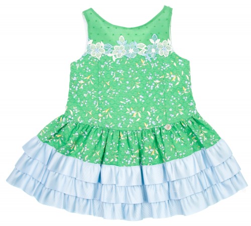 Green & Blue Floral Cotton Dress with Ruffle Skirt 