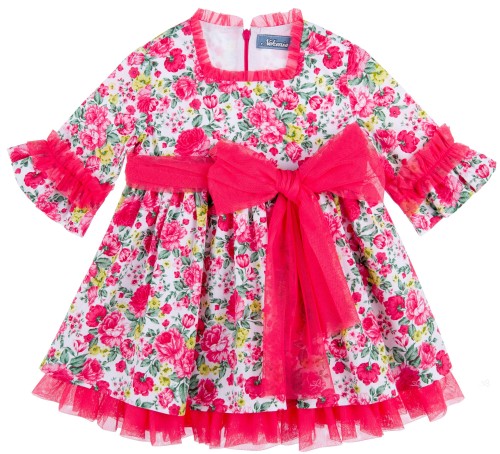 Girls Red Floral Print & Tulle Bow