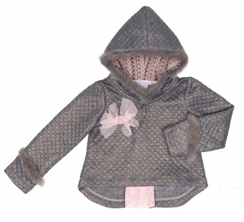 Gray & Pink Hooded Sweatshirt With Fur Details & Tulle Back