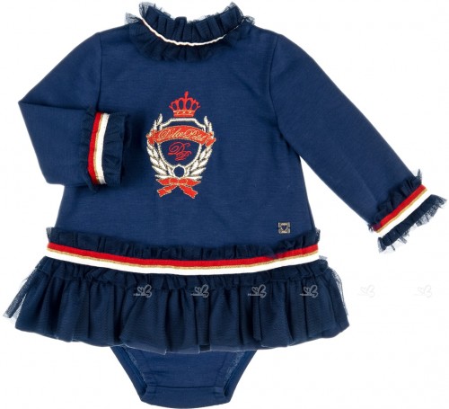 Dolce Petit Baby Girls Navy Blue with Shield Embroidered 2 Piece Dress Set 