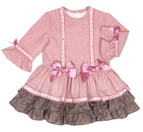 Girls Dusky Pink & Chocolate Polka Dot Layered Dress