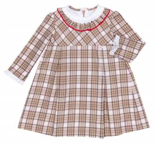 Beige Check Dress with Ruffle Collar