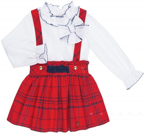 Dolce Petit Girls White Blouse & Red Checked Pinafore Dress Set