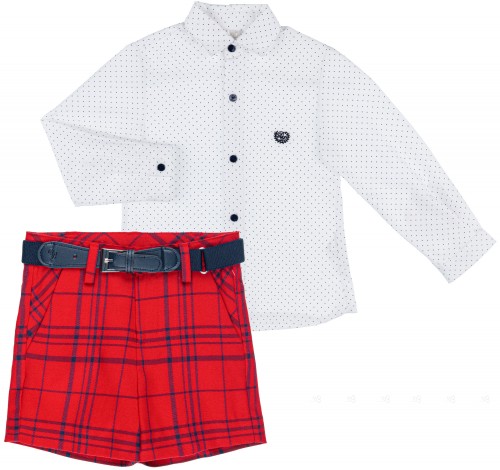 Dolce Petit Boys White Polka Dot Shirt & Red Checked Short Set with Belt