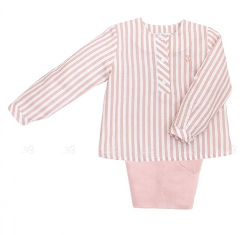 Boys Tan Striped Shirt & Pink Shorts Set 