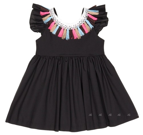 Girls Black Dress with Crochet Neckline & Colourful Fringes