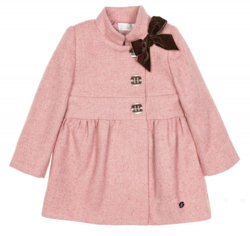 Girls Pink Wool Blend Coat with Velvet Bow