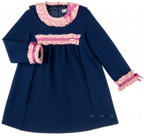 Nekenia Vestido Niña Evasé Piqué Marino & Volantes Plumeti Rosa