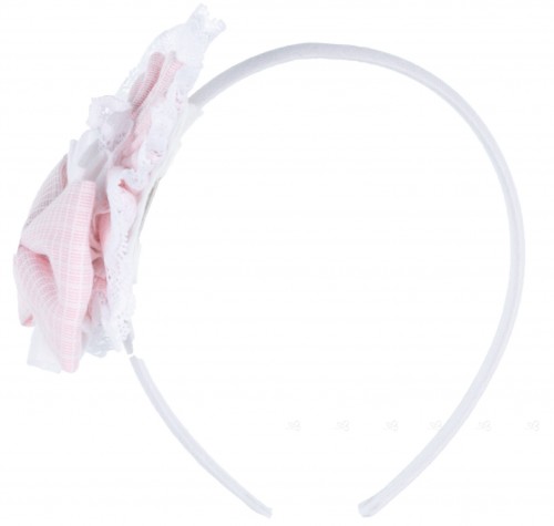  Diadema & Pinza Cuadros Rosa & Puntilla Blanca 