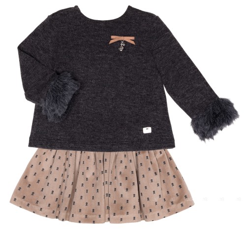 Girls Dark Gray Sweater & Skull Print Skirt Set 