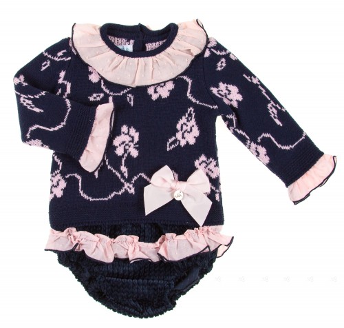 Navy Blue & Pink Knitted Sweater & Corduroy shorts set 
