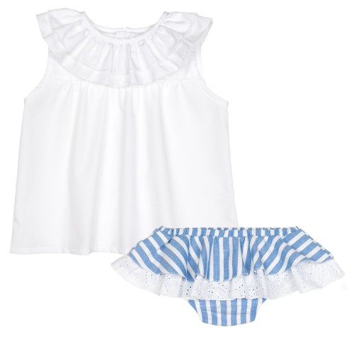 Girls White Ruffle Blouse & Blue Striped Shorts Set
