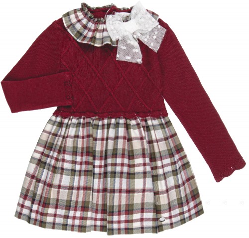 Dolce Petit Girls Burgundy Knitted & Green Checked Dress 