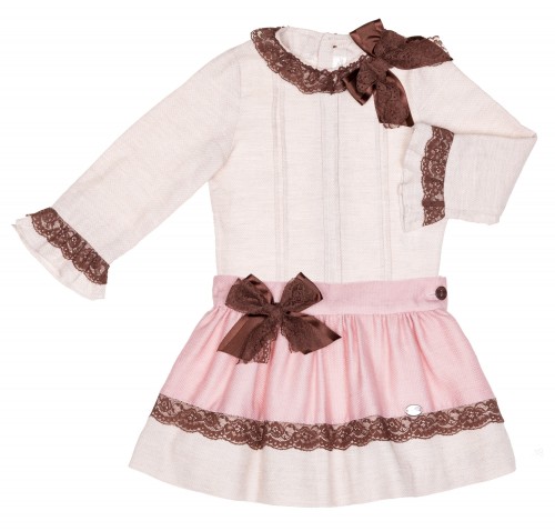 Girls Beige Blouse & Dusky Pink Skirt Set 