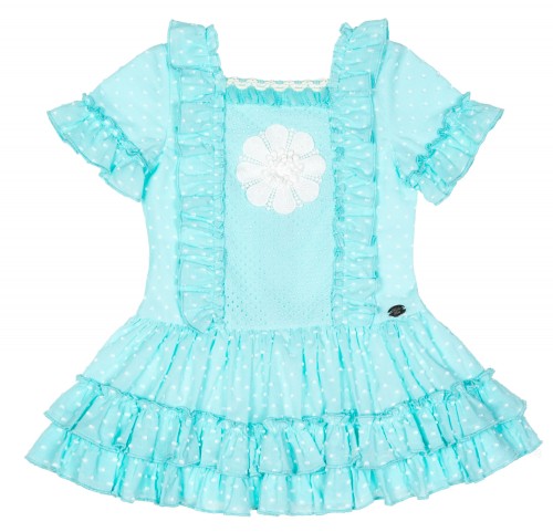 Girls Aqua Green Broderie Cotton Dress