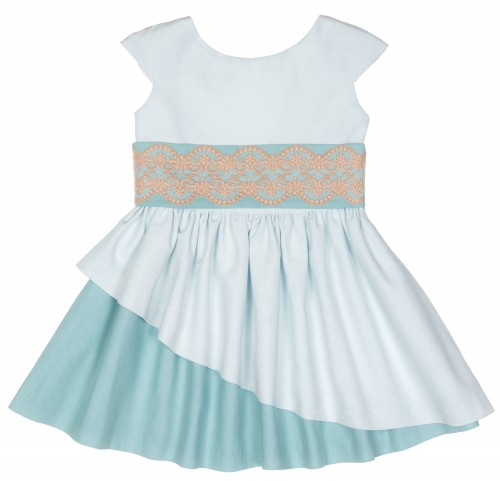 Girls Green Layered Dress with Beige Lace Sash 