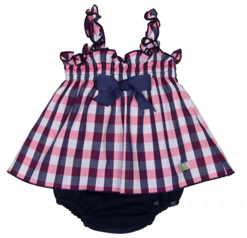 Baby Navy Blue & Pink Check Print 2 Piece Dress Set 