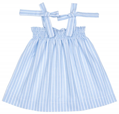 Girls Blue & White Stripe Elasticated Gathered Dress