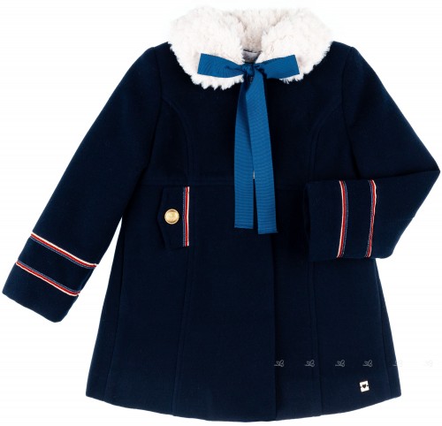 Dolce Petit Girls Navy Blue Coat with Removable Collar Synthetic Fur