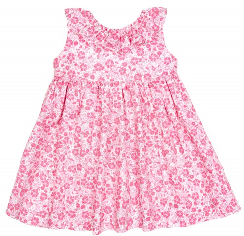 Girls Pink Floral Print Dress with Ruffle Collar & Maxi Bow
