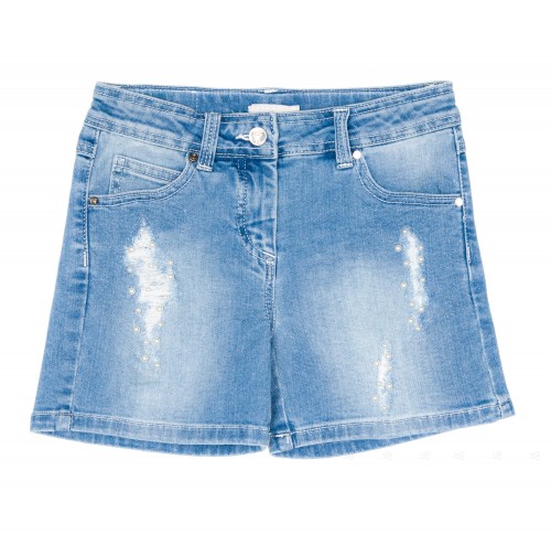 Girls Blue Denim Shorts with Pearls Appliqués