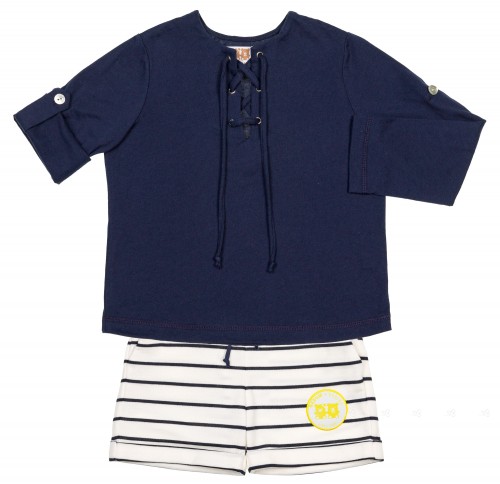 Boys Navy Blue Cotton Shirt & Striped Short Set 