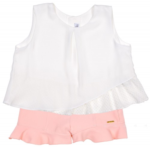 Girls White Ruffle Blouse & Pale Pink Shorts Set