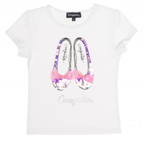 Girls White Cotton T-shirt With Sequins Pink Ballet Pumps 