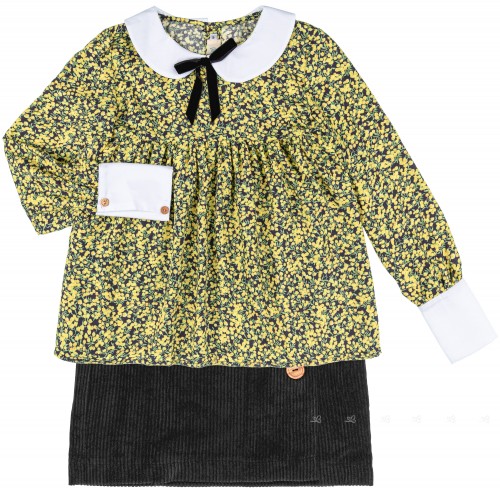 Conjunto Niña Blusa Estampado Floral Amarillo & Falda Pana Negra
