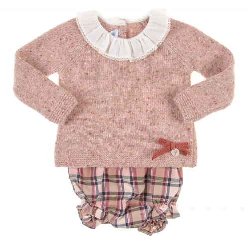 Dusky Pink Melange Knit Sweater & Tartan Shorts Set