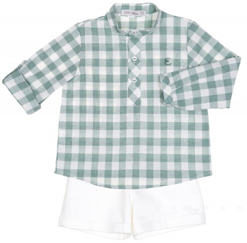 Boys Green Gingham Shirt & White Shorts Set