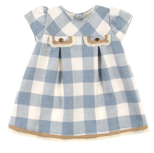 Baby Light Blue & Beige Check Print Dress
