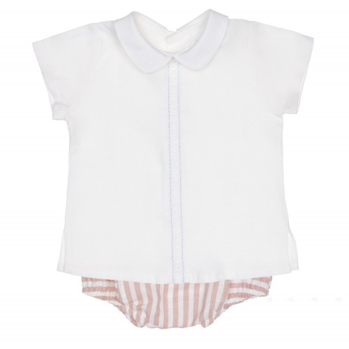 Baby Boys Striped Shorts & White Embroidered Shirt Set