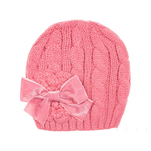 Girls Pink Knitted Hat with Flower & Velvet Bow