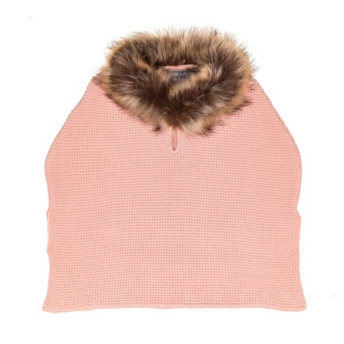 Girls Pink Knitted Poncho With Synthetic Fur Collar