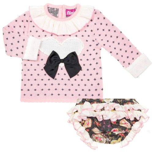 Baby Girls Pink & Green Heart Sweater & Floral Shorts Set 