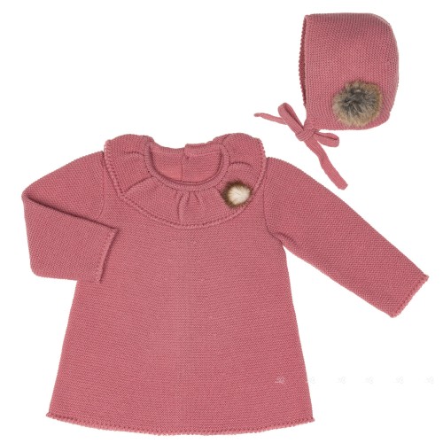 Baby Dusky Pink Knitted Dress & Bonnet Set with Pom-Poms