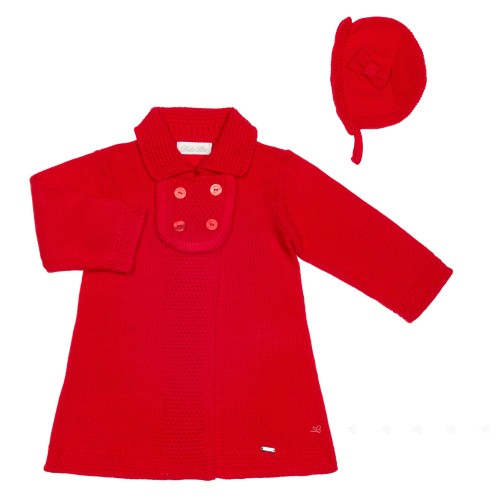 Baby Girls Red Knitted Pram Coat & Bonnet Set 