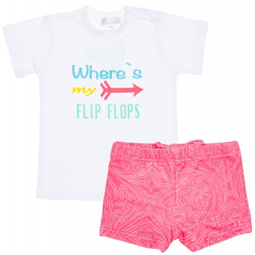 Baby Boys White T-Shirt & Coral Pink Swimshorts Set