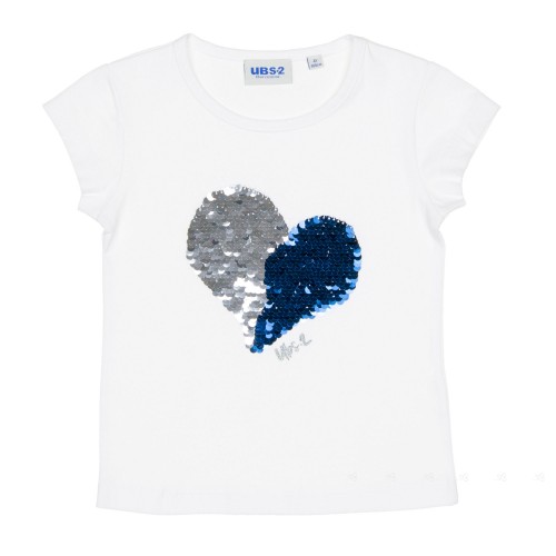 Girls White & Reversible Sequins Heart T-Shirt