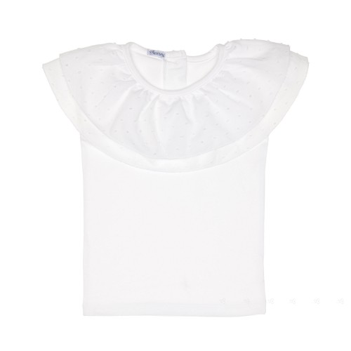 Girls White Cotton T-Shirt With Double Polka Dot Collar