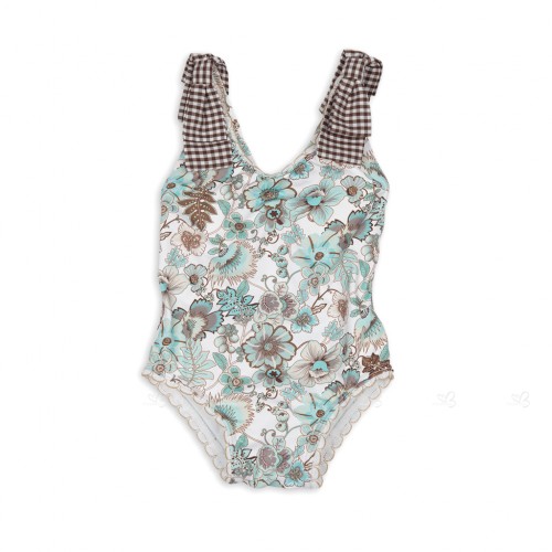 Aqua Green & Brown Floral Swimsuit with Bows