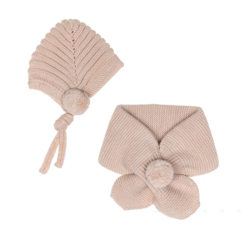 Beige Knitted Hat & Scarf Set with Pom-Poms