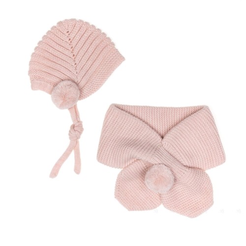 Pale Pink Knitted Hat & Scarf Set with Pom-Poms