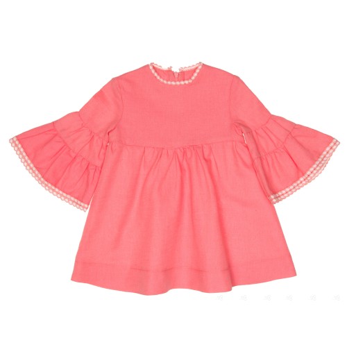 Girls Coral Pink Dress with Ivory Lace