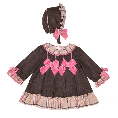 Baby Chocolate & Pink Dress & Bonnet Set 