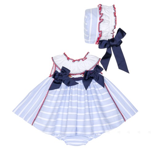 Blue & White Striped Sailor 3 Piece Dress Set 
